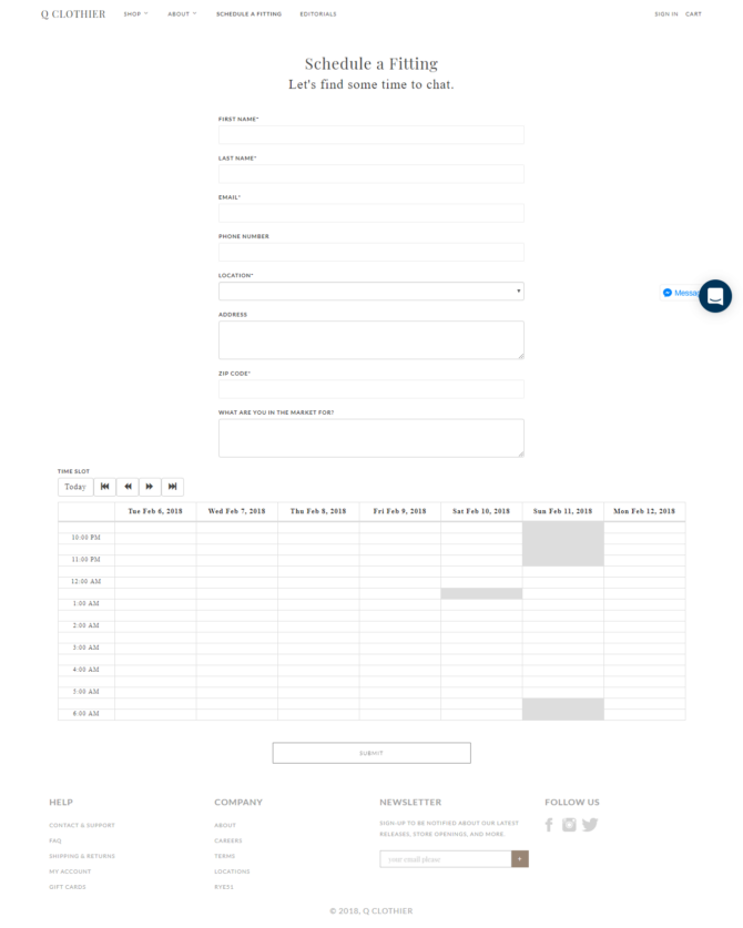 QClothier - Schedule Form - Screenshot