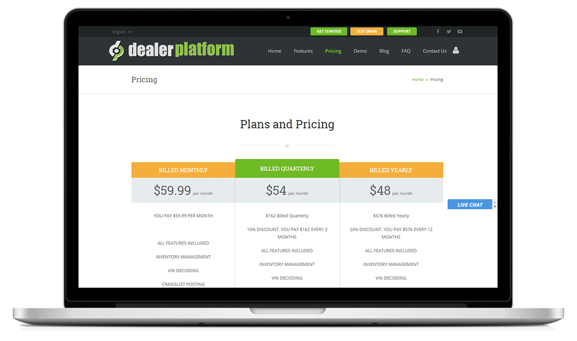 Dealer - Plans and Pricing - Screenshot
